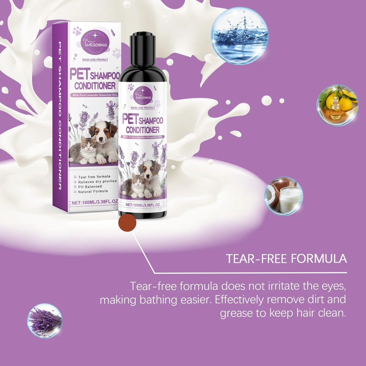 YEGBONG 100ml Pet Lavender Shampoo Gentle Cleansing Fluffy Smooth Coat Long Lasting Fragrance Vet Recommended for Dog and Cat
