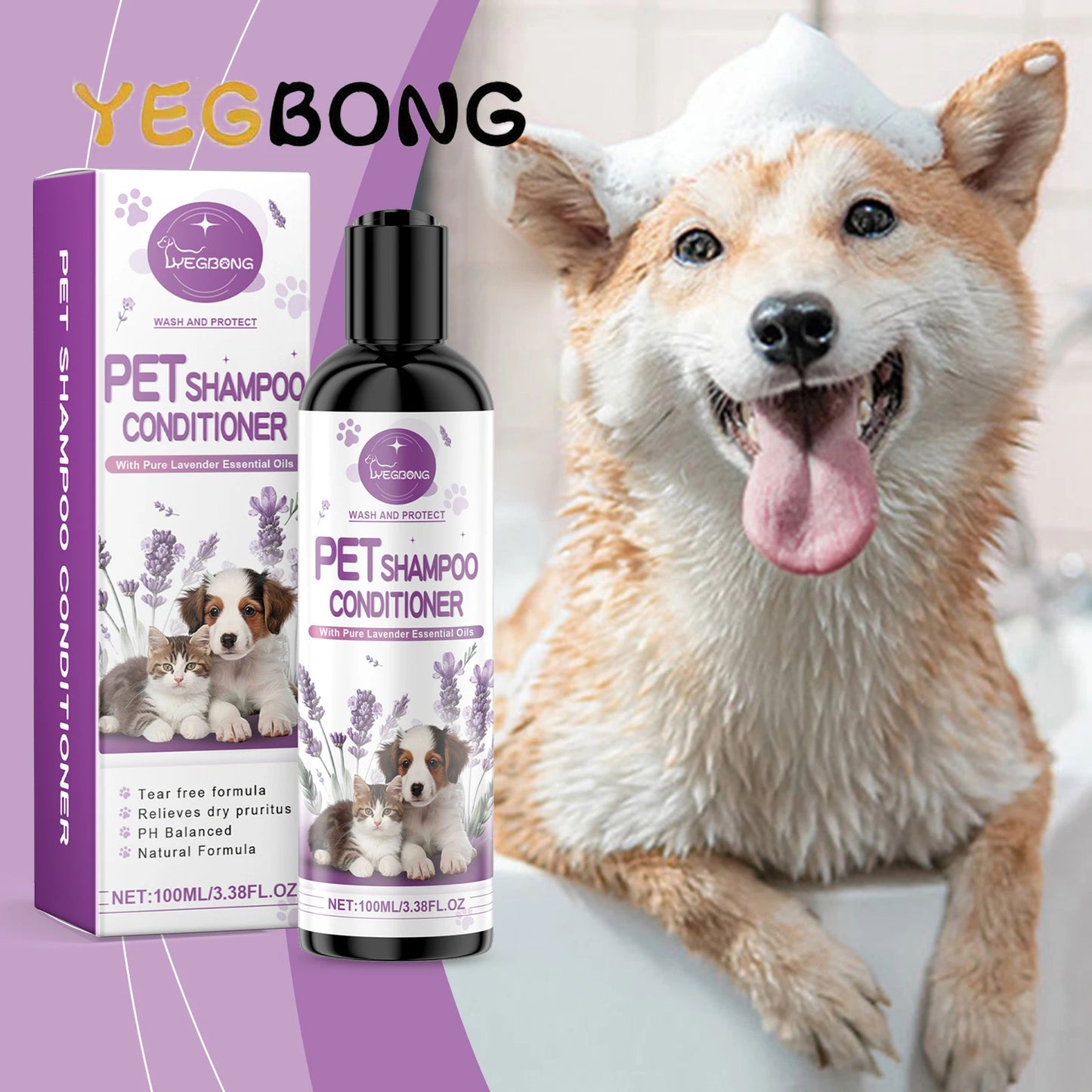 YEGBONG 100ml Pet Lavender Shampoo Gentle Cleansing Fluffy Smooth Coat Long Lasting Fragrance Vet Recommended for Dog and Cat
